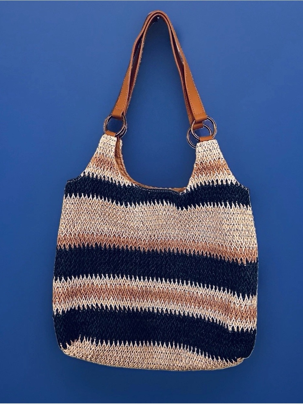 Woven Striped Tote Bag - Navy & Tan